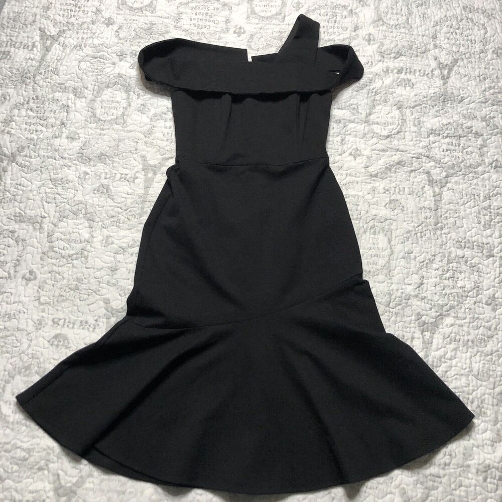 Adelyn Rae Women's Black Nicole One Shoulder Trumpet Knee Length Dress Sz S